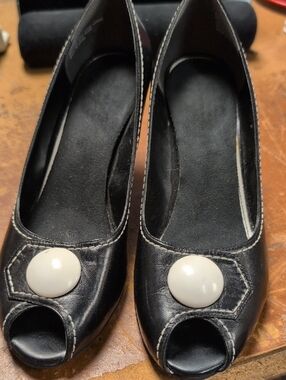 Naturalizer Black Peep-Toe Heels with White Button Detail